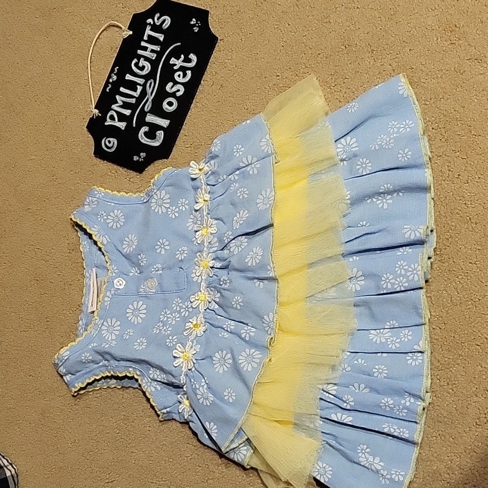Little Lass Daisy Dress 18 Months Sleeveless Pale Blue Yellow White